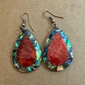 Elegant Red Coral and Abalone Teardrop Earrings